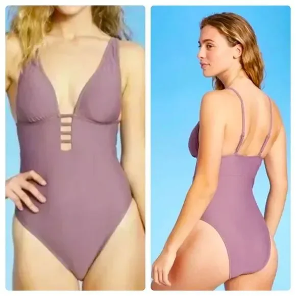 Shade & Shore Women's Torso Plunge Front Swimsuit Mauve Purple XLARGE NWT