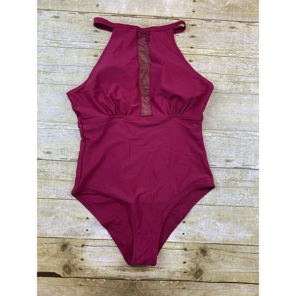 Women's High Cut One Piece Bathing Suit Dark Red Women's Size Medium‎ Halter