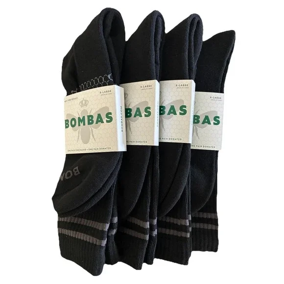 BOMBAS Socks Men's XL Black Gray Stripe Calf Logo (US 13.5-16) NEW Lot‎ Of 4