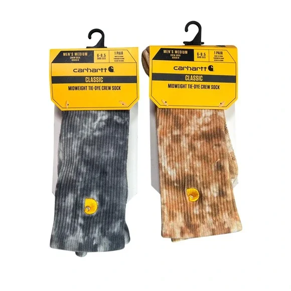 Carhartt Men 2-Pack Midweight Tie-Dye Crew Socks Grey Khaki Medium Mens 6-8.5