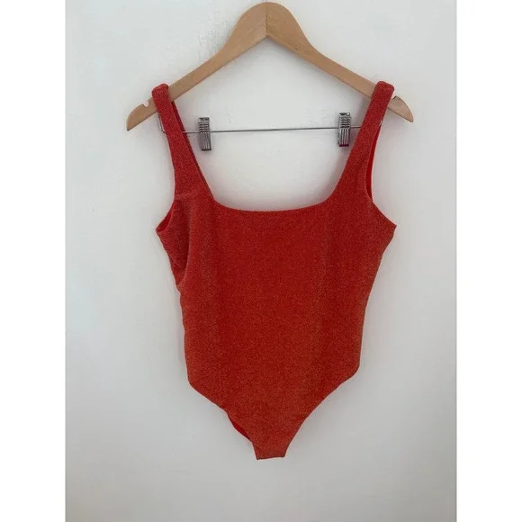 Aerie‎ Real Good Red Gold Shimmer One Piece Cheekiest Swimsuit XL Square Neck