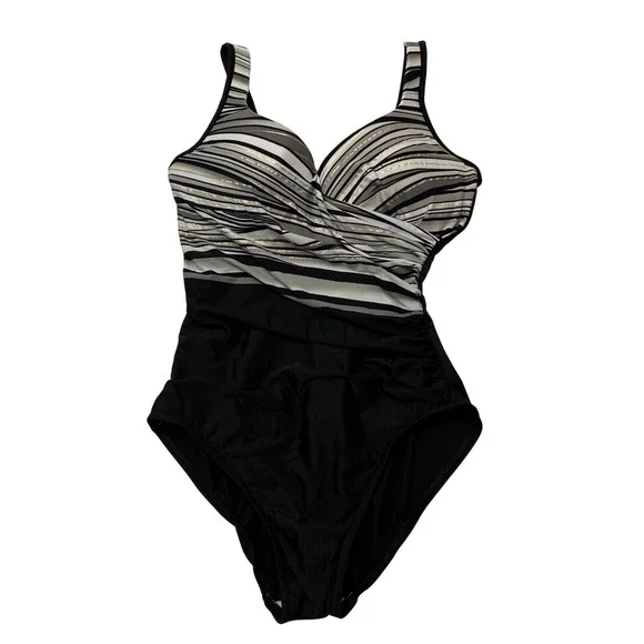 Miraclesuit Swimsuit Black Metallic Striped Crossover Bodice Size 14 Slimming