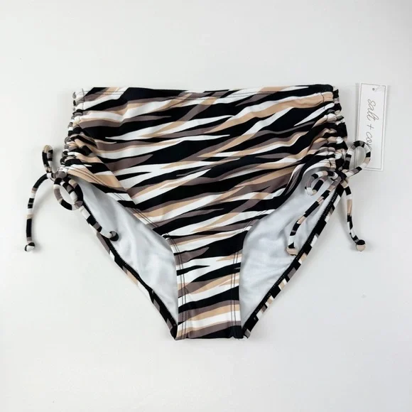 Salt + Cove Bikini Bottom Juniors Size XS Tan Black Tan Wavy Stripe Side Tie NWT