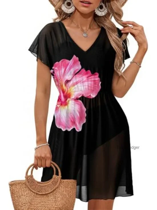 Mesh Sheer Floral Print Swim Cover Up