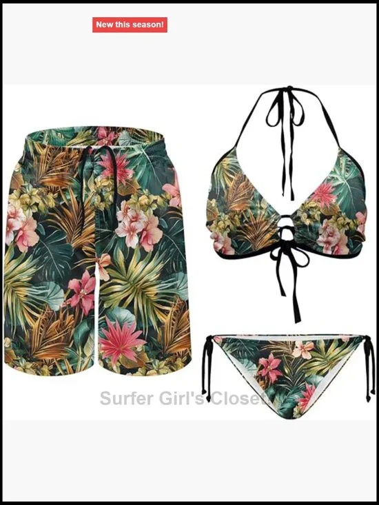Tropical Matching Couples Bikini Set with Men's Swim Trunk Quick Dry