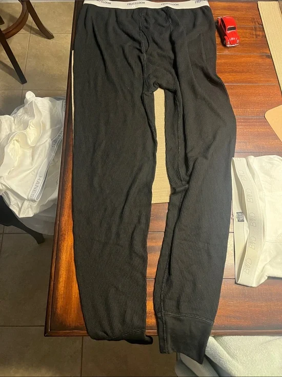 .1.  Mens Fruit of the Loom Black Ribbed Thermal waffel Leggings large