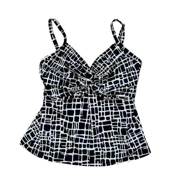 Miraclesuit Womens 12 Black White Geometric Grid‎ Tankini Swim Top tummy control