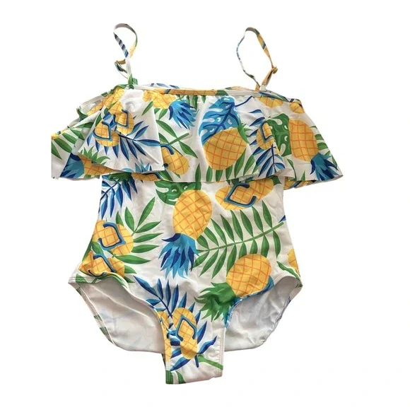 Unbranded Women Tropical Pineapple Ruffle‎ One Piece Swimsuit White Blue Medium