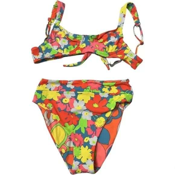 Maaji Bikini Swimsuit Colorful Retro Neon Floral Reversible M Beach Vacation