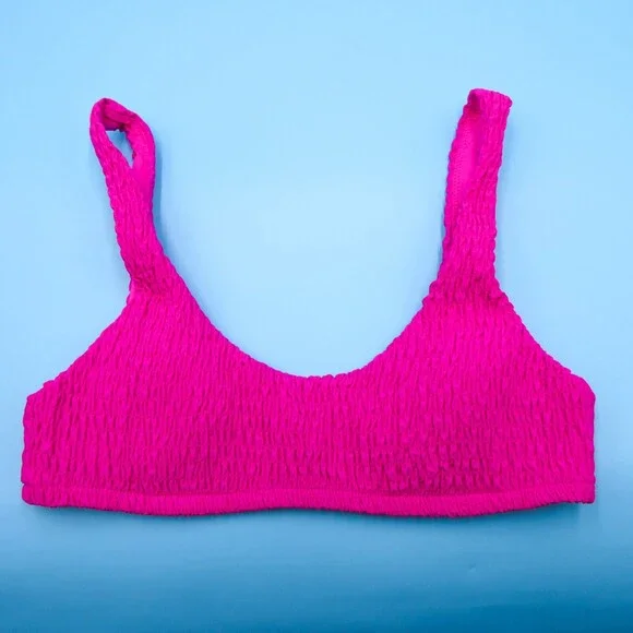 Victorias Secret Medium Pink Ruched Fabric Padded Ribbed Bikini Top Pullover New