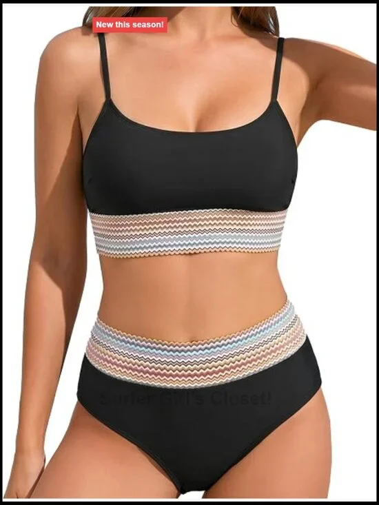 High Waisted Bikini Set Color Block Scoop Neck Two Piece Swimsuit Adjustable