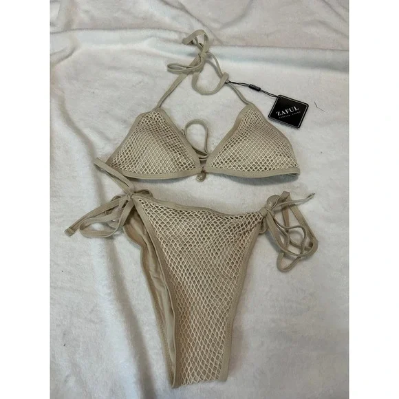 Zaful Beige‎ Crochet Bikini Set US 4 Halter Tie Swimsuit Beach Vacation