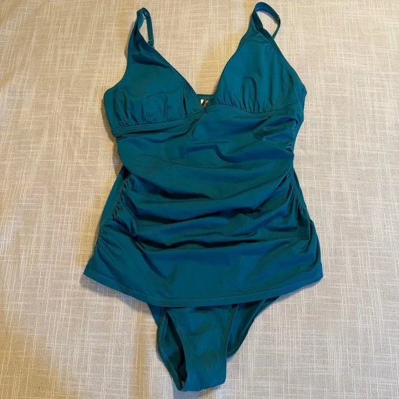 Tommy Bahama Womens Teal Blue Ruched One Piece Swimsuit TSW99023P Size 14