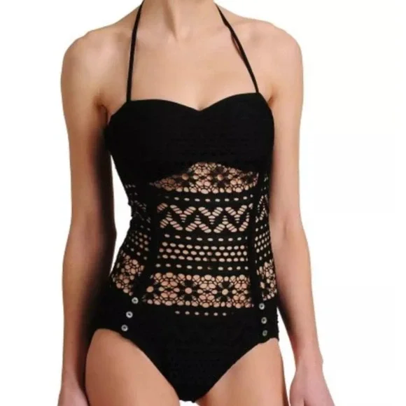 Robin‎ Piccone One-Piece Swimsuit Women's 12 Black Penelope Crochet Overlay