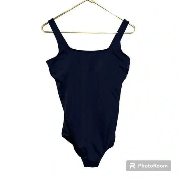 Womens 14 D Lands End Swimsuit Navy Blue Tank Built In Bra Full Cover One Piece