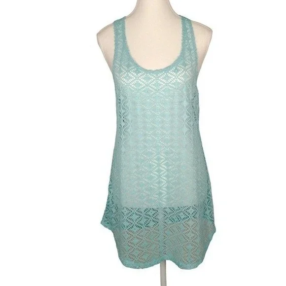 MIKEN Swim Aqua‎ Blue Crochet Racerback Swim Cover Up Tank Top Women M
