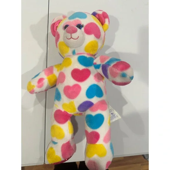 Build-A-Bear Workshop Colorful Hearts Teddy Bear Plush Pink Blue Yellow 10/19