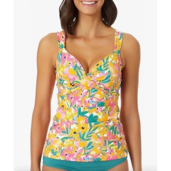 Anne Cole Floral Twist Front Tankini Top Yellow Pink 32C 34B Sweetheart Neckline
