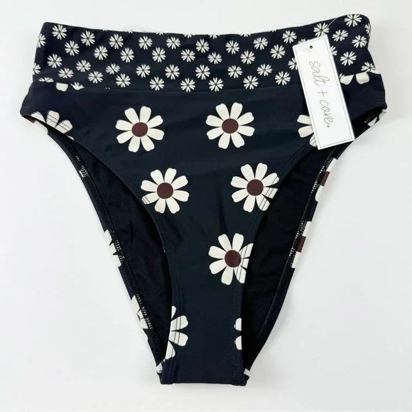 Salt + Cove Bikini Bottom Juniors Size Small Black Daisy Floral Swim NWT