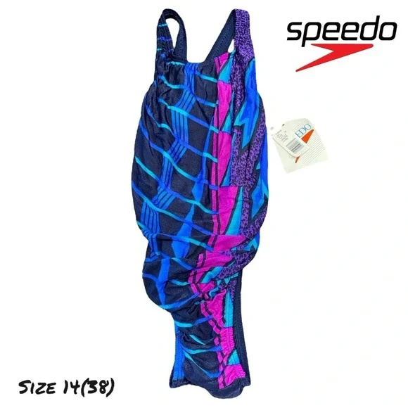 NEW Vintage 90s Speedo One-Piece Swimsuit Retro‎ 80s Graphic USA Sz 14 (38) NWT!