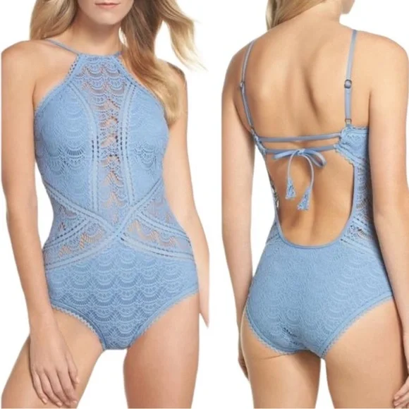 BECCA by Rebecca Virtue Blue High-Neck Crochet One Piece Swimsuit Size‎ 1X
