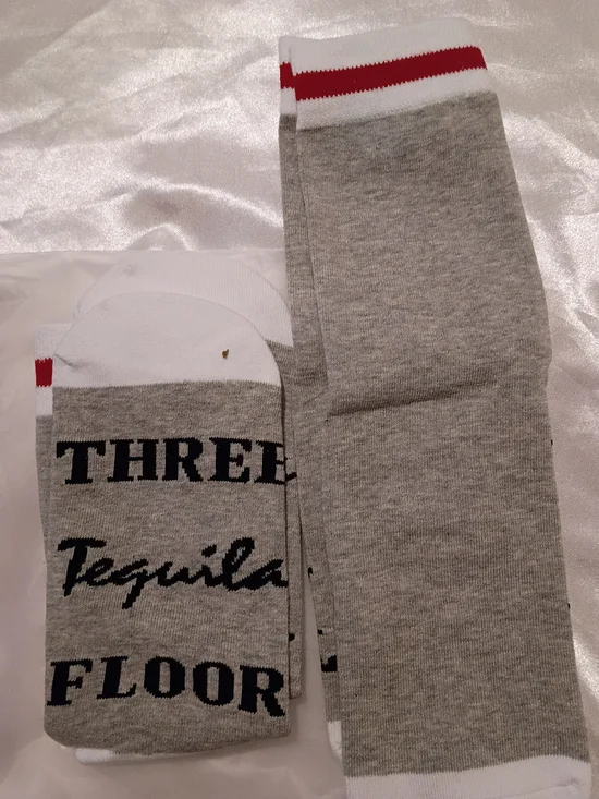 New Grey Knee-High Socks with Red Stripe and Script Text