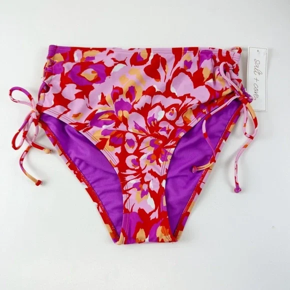 Salt + Cove Bikini Bottom Juniors Size Medium Red Pink Floral Side Tie Swim NWT