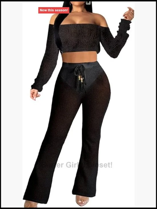 Off Shoulder Crop Top & Wide Leg Pants Bikini Cover Up Set