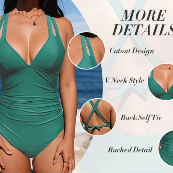 CUPSHE L Ruched Forest Slimming V-Neck Swimsuit NWT Back Self-Tie Large Modest