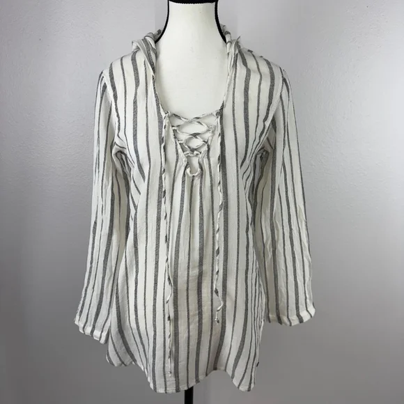Billabong Same Story Cover Up Womens S Small White Gray Striped Lace Up Hooded