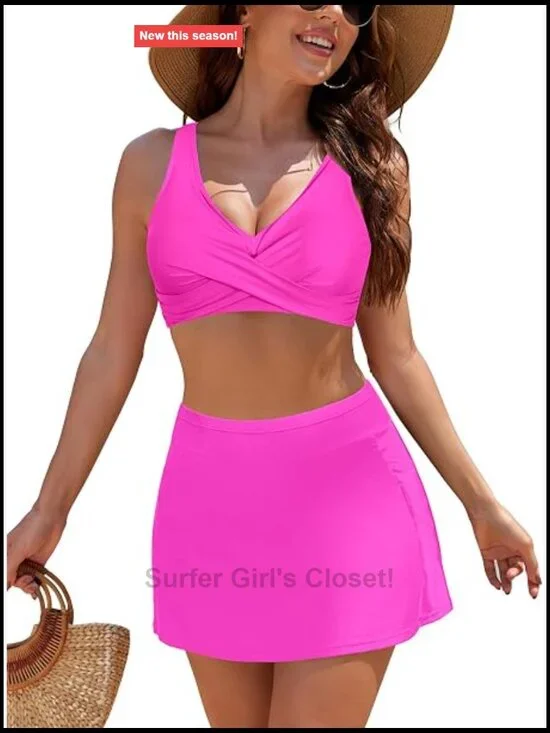 High Waisted Skirted Bikini Set with Pockets Twist Front V-Neck
