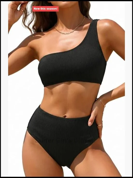 Ribbed High Waisted One Shoulder Bikini Set Two Piece Bathing Suit