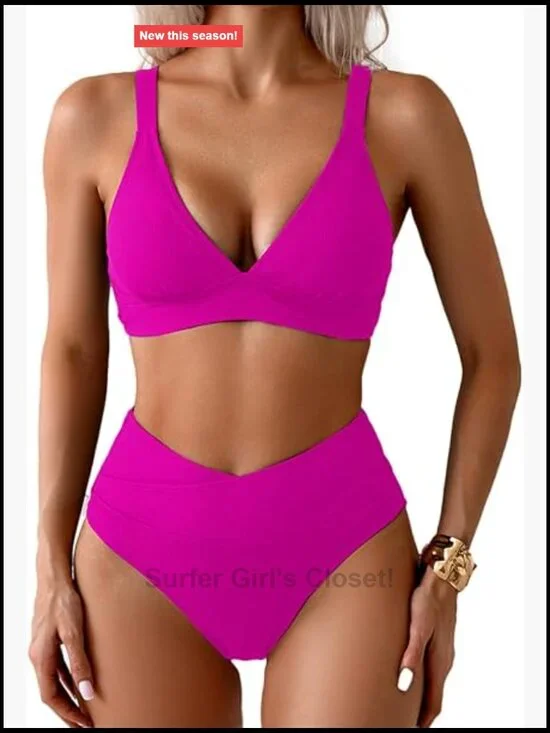 Sexy Ribbed Bikini Set High Waisted V-Cut Cheeky High Leg Longline Swimsuit