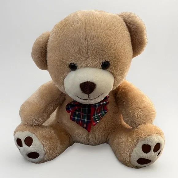 Classic Teddy Bear Plush Beige with Red Plaid Bow Soft Toy