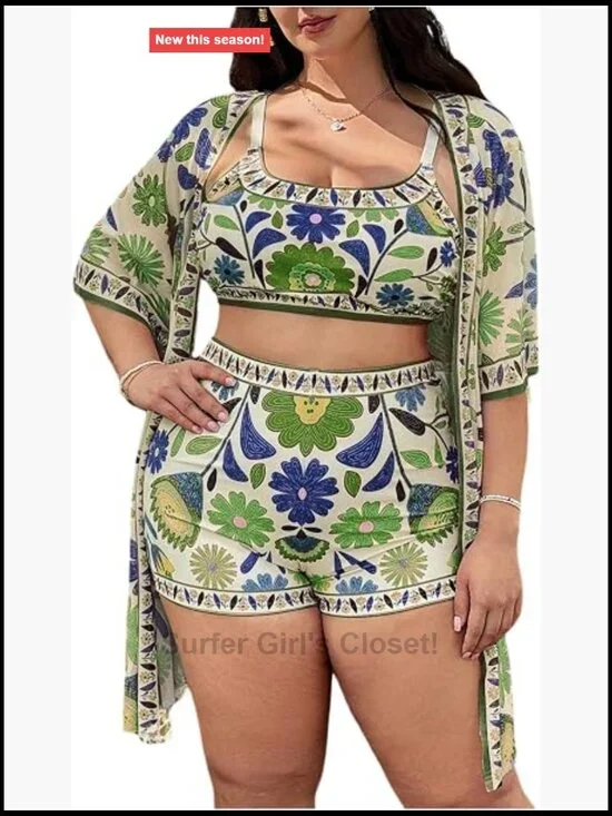Plus Size 3 Piece Floral Tankini Set with Boy Shorts and Kimono Cover Up