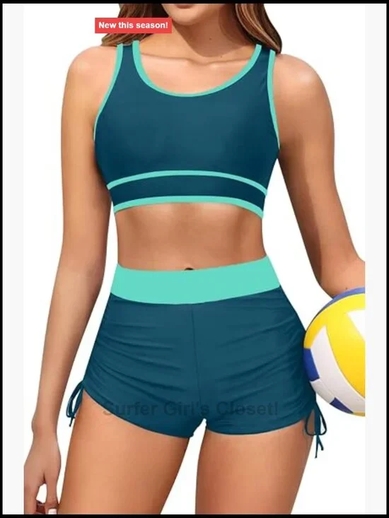 Women's Sporty Bikini Set Two Piece Color Block High Waisted Boy Shorts Bottom