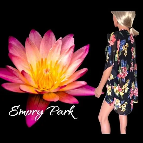 Emory Park l Black floral l Open Kimono l Sheer l Slitted l L l EUC