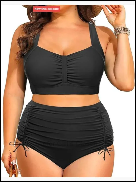 Plus Size High Waisted Bikini Set Tummy Control Ruched Bottom Two Piece Swimwear