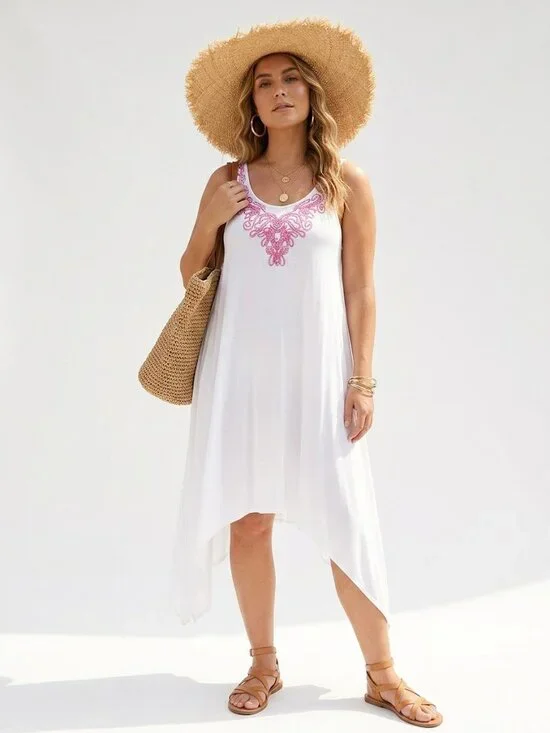 6 Shore Road White Embroidered Handkerchief Tunic Dress Large | Boho Beach Cover