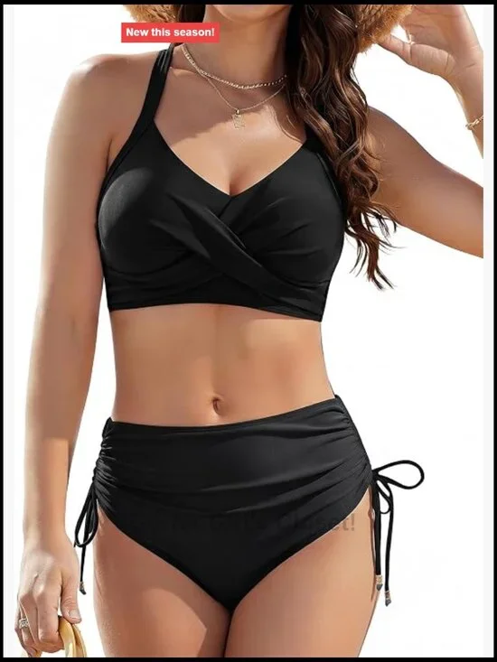 High Waisted Bikini Set Tummy Control Cross Halter V Neck Tie Back Side