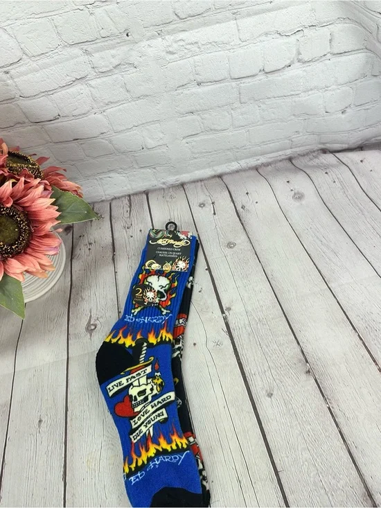 Ed Hardy Blue Black Skull & Flame Crew Socks