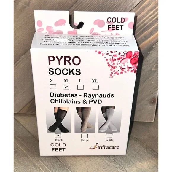 Pyro Socks for Cold feet Diabetes Raynauds PVD Chilblains Black Medium