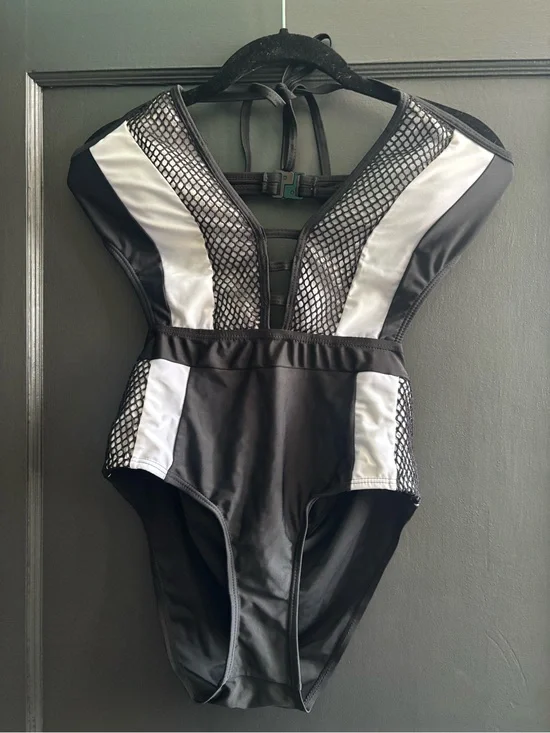 SHEIN Black and White One-Piece Swimsuit with Mesh Panels Sz Lg