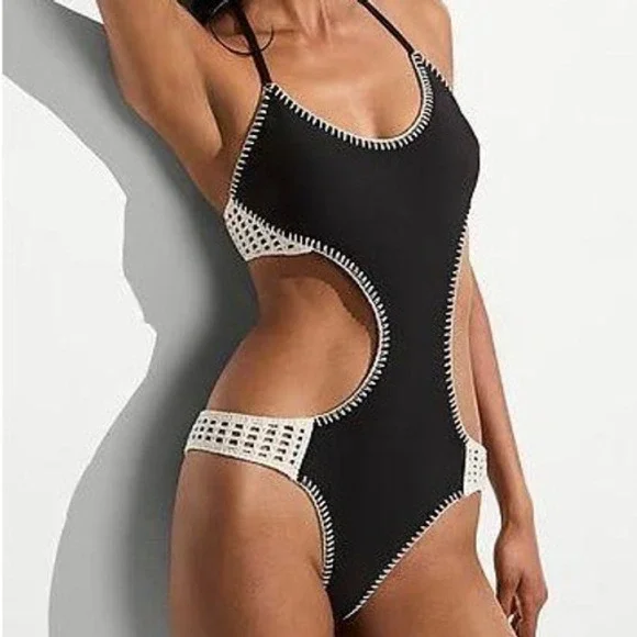 Victoria's Secret One Piece Swimsuit Black Crochet Cut Out Size L NWT Monokini S