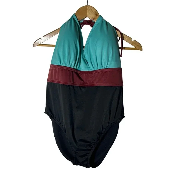 Beach Betty NWT by‎ Miracle Brands Swimsuit XL Colorblock Halter One Piece