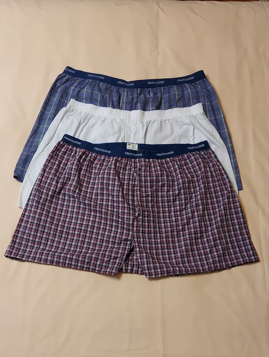 Fruit of the Loom Men’s Knit Boxers - 3-Pack (Blue Plaid, White, Red Plaid)