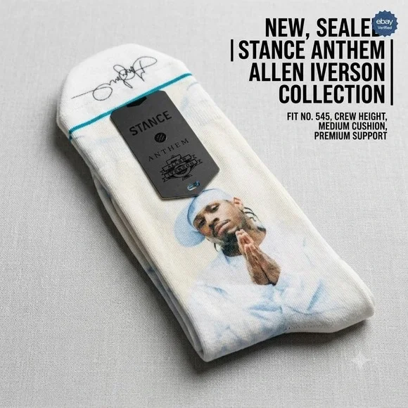 Stance Anthem Allen Iverson Crew Socks Mens Size L Large NWT NBA Basketball Whit