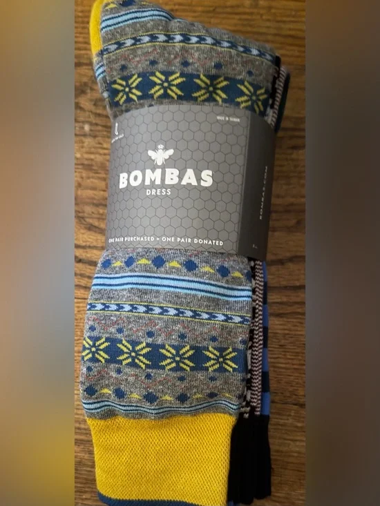 Bombas Men’s Dress Socks — Yellow, Blue & Gray Geometric Pattern size L-NEW