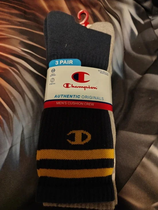 Champion Men's Crew Socks in Black, Gray & Gold Stripe - 3 Pair