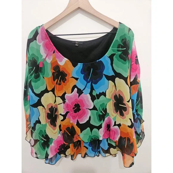 Milano Woman Floral Chiffon Blouse 2X Multi Color‎ Hibiscus Flutter Sleeve Top
